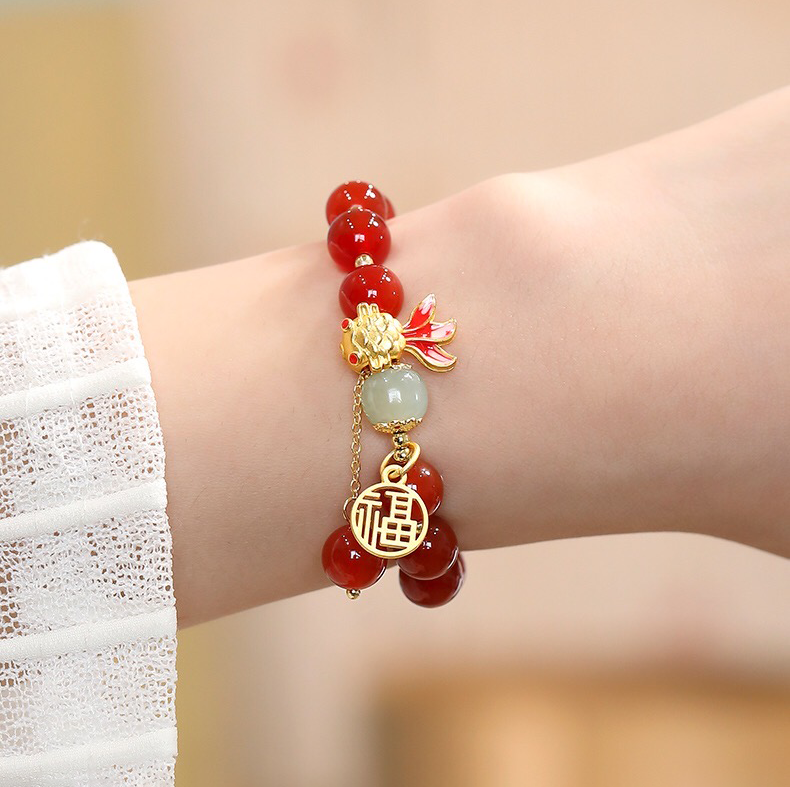 Natural Hetian Jade & Red Agate Koi Fish Blessing Bracelet