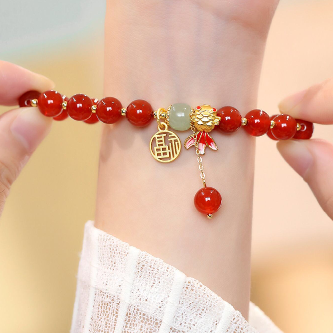 Natural Hetian Jade & Red Agate Koi Fish Blessing Bracelet