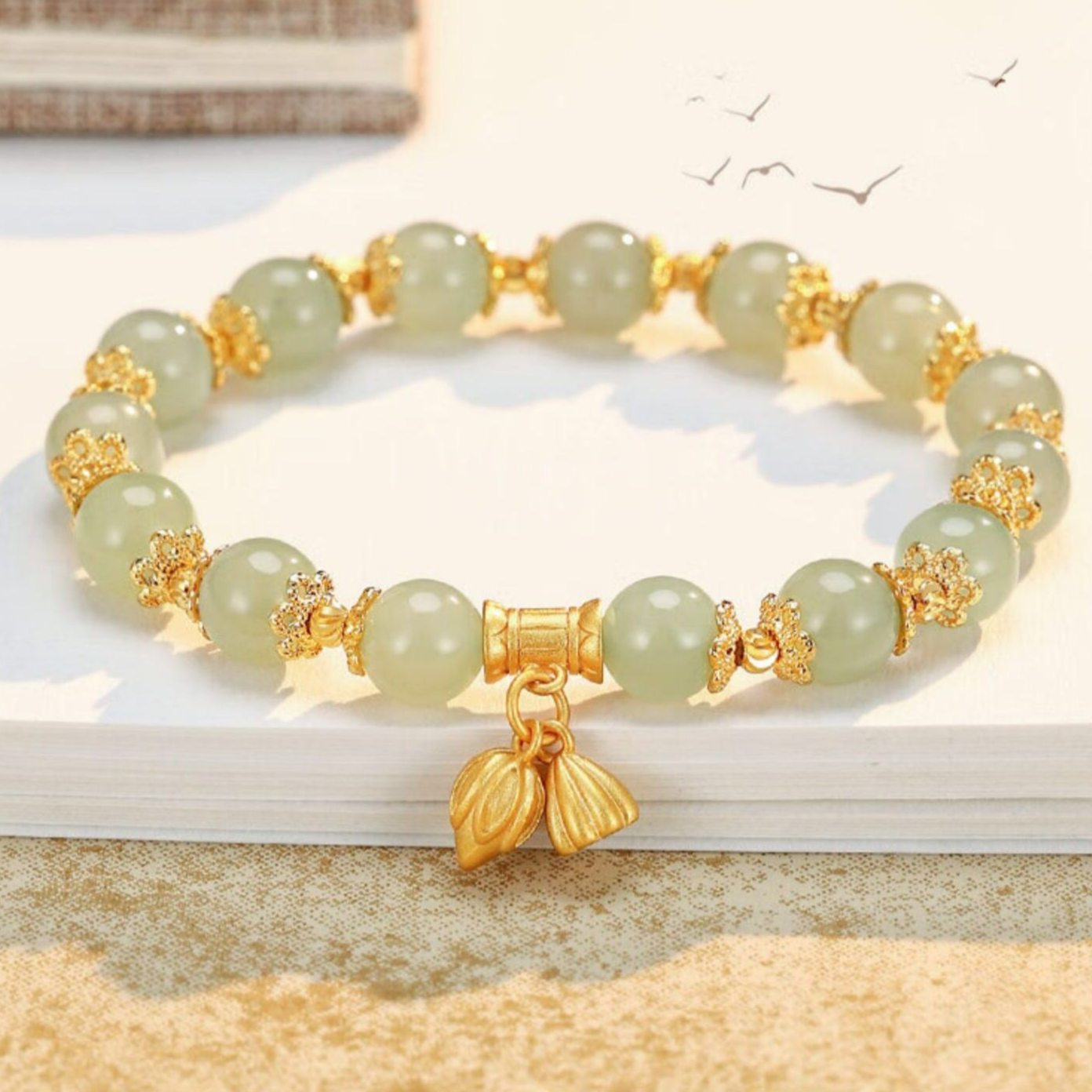 Natural Green Jade Lucky Lotus Bracelet