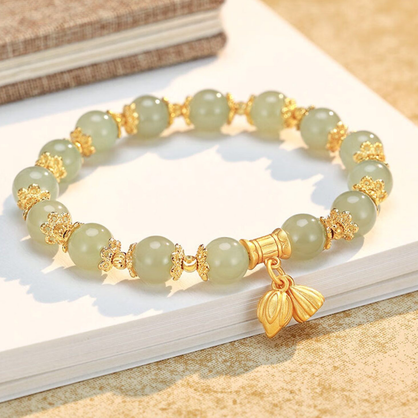 Natural Green Jade Lucky Lotus Bracelet
