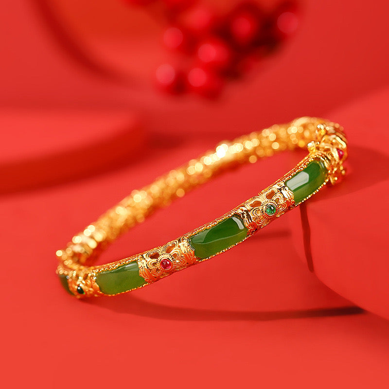 Natural Hetian Jade Enamel Cloud Ancient Royal Bangle