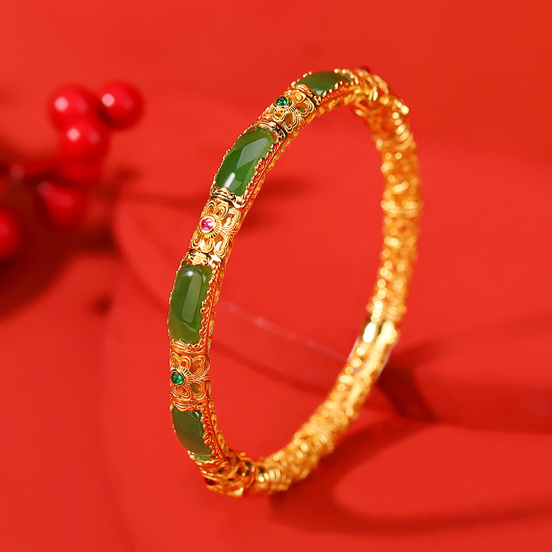 Natural Hetian Jade Enamel Cloud Ancient Royal Bangle