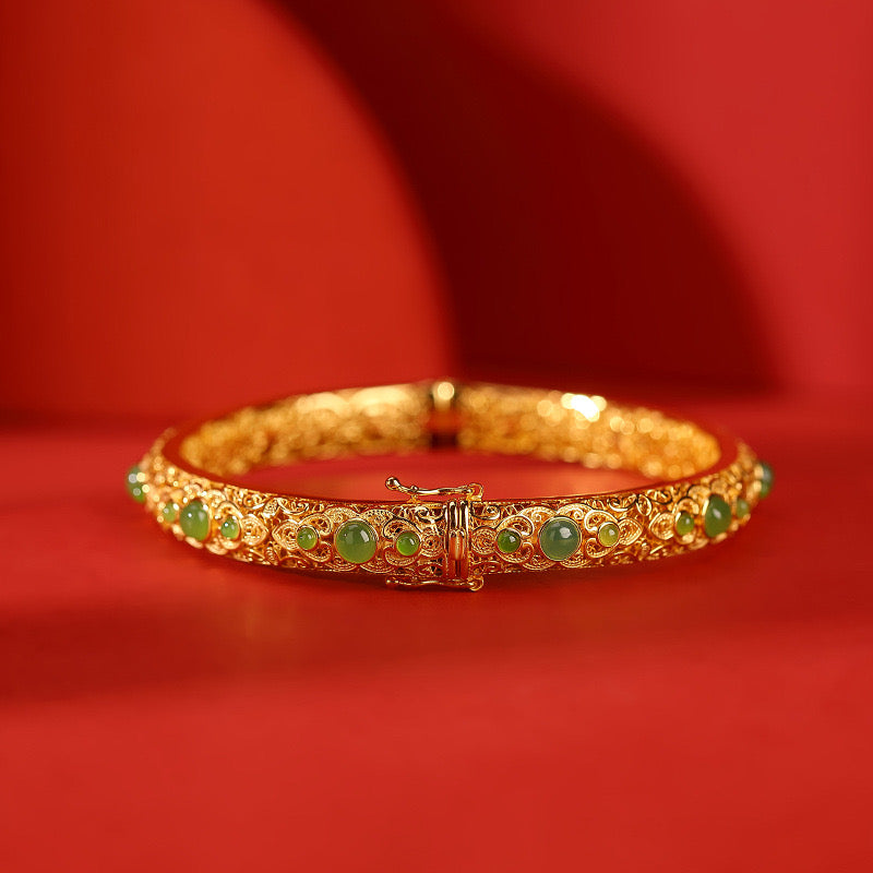 <Pre-Order> Natural Hetian Jade Auspicious Round Beads Bangle