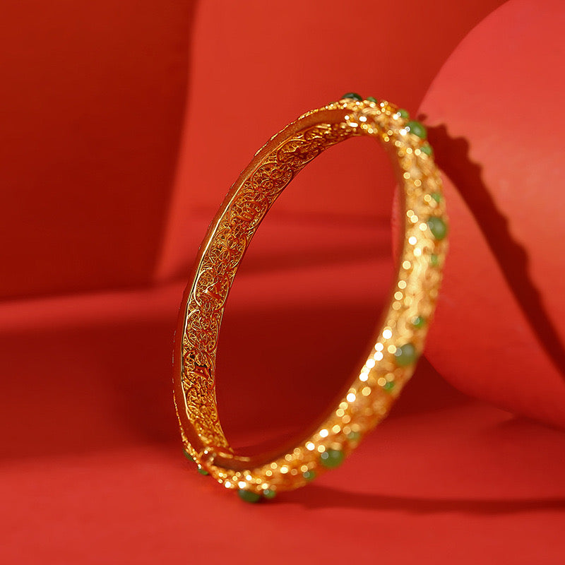 <Pre-Order> Natural Hetian Jade Auspicious Round Beads Bangle