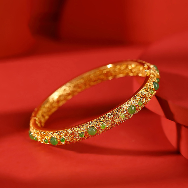 <Pre-Order> Natural Hetian Jade Auspicious Round Beads Bangle