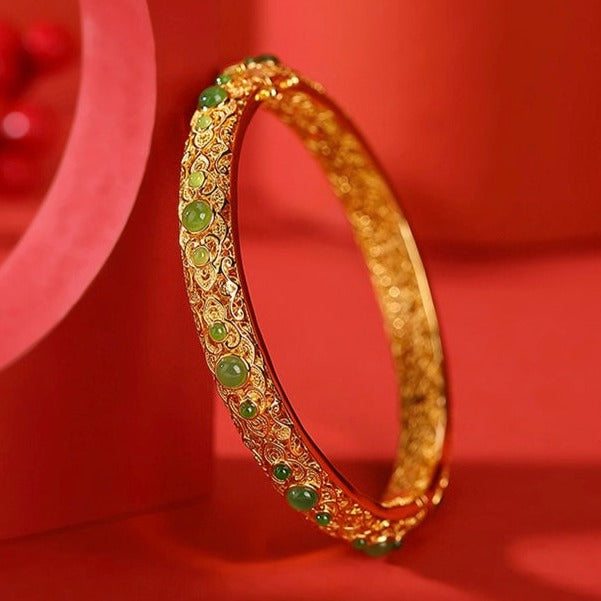 <Pre-Order> Natural Hetian Jade Auspicious Round Beads Bangle