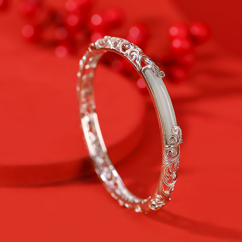 Natural Hetian Jade Auspicious Cloud Hollow Bangle Bracelet