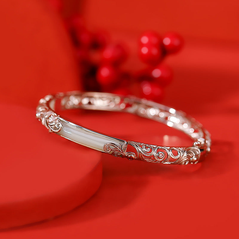 Natural Hetian Jade Auspicious Cloud Hollow Bangle Bracelet