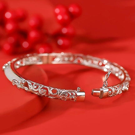Natural Hetian Jade Auspicious Cloud Hollow Bangle Bracelet
