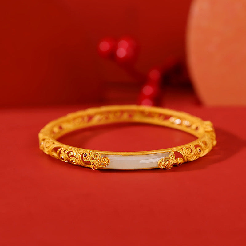 Natural Hetian Jade Ancient Royal Filigree Hollow Bangle