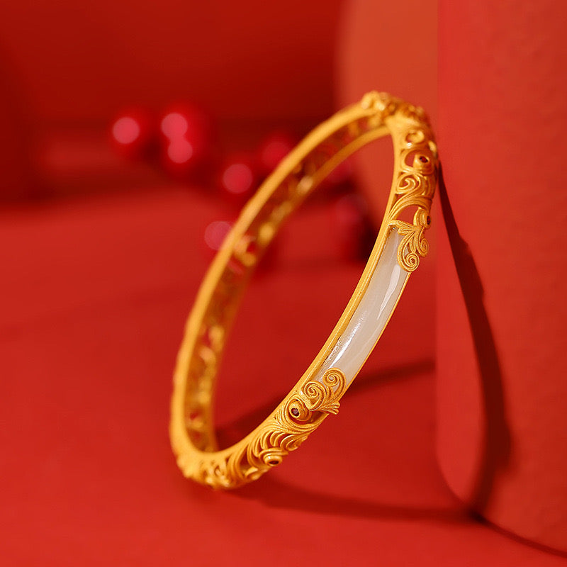 Natural Hetian Jade Ancient Royal Filigree Hollow Bangle
