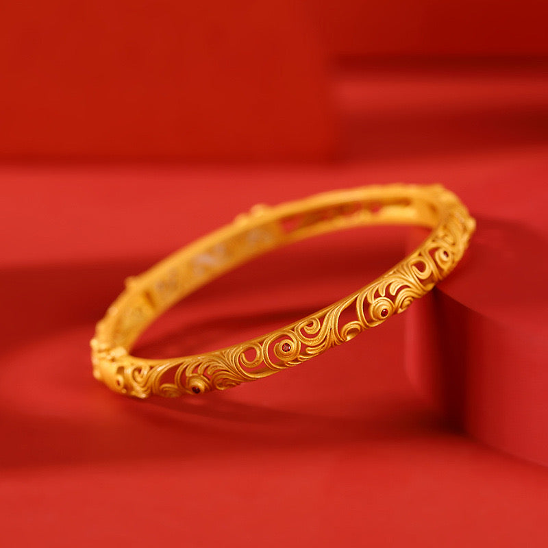 Natural Hetian Jade Ancient Royal Filigree Hollow Bangle