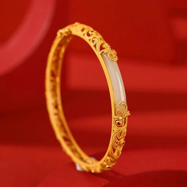 Natural Hetian Jade Ancient Royal Filigree Hollow Bangle