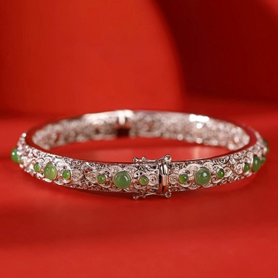 <Pre-Order> Natural Hetian Jade Auspicious Round Beads Bangle