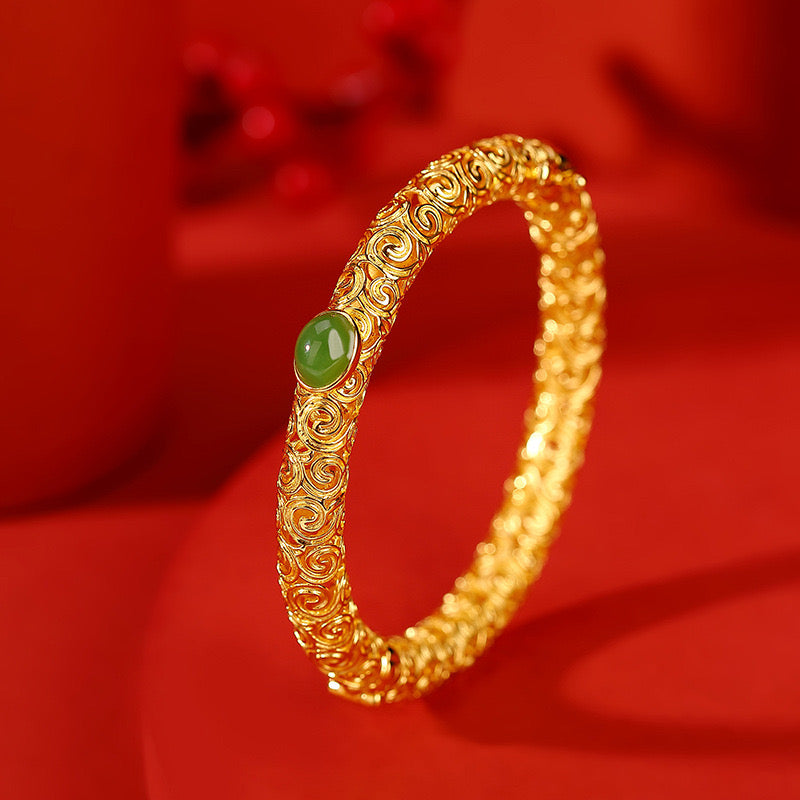 Natural Hetian Jade Auspicious Cloud Filigree Hollow Ancient Royal Bangle