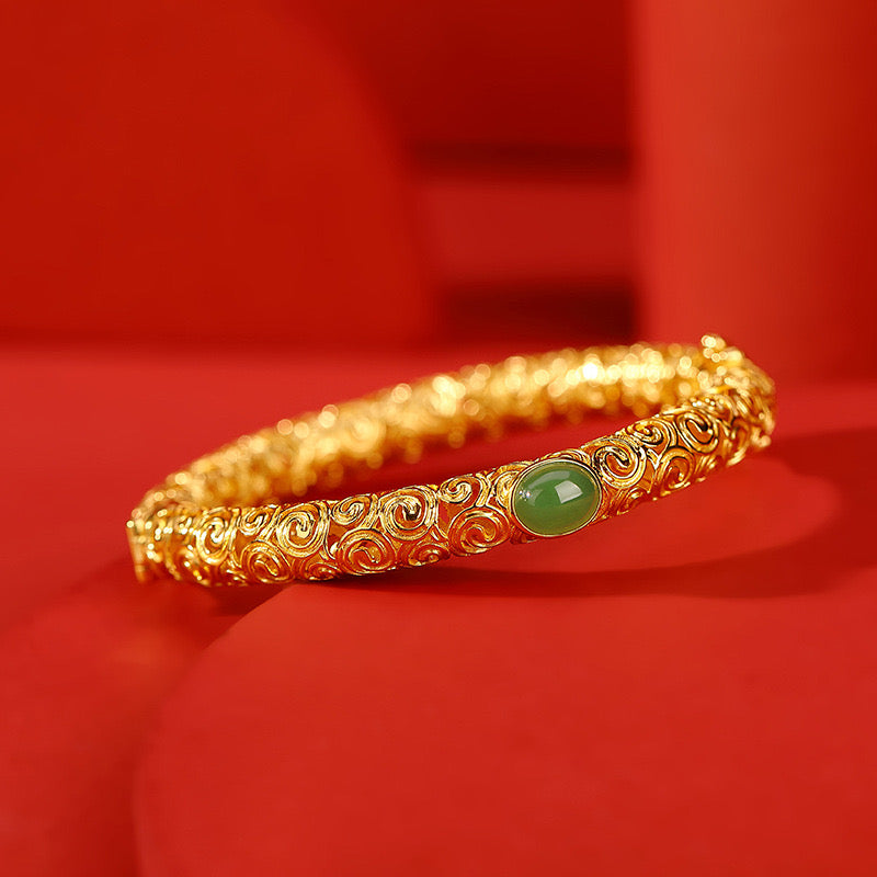 Natural Hetian Jade Auspicious Cloud Filigree Hollow Ancient Royal Bangle