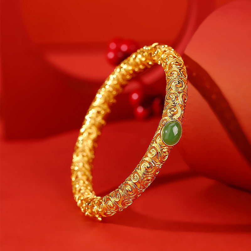 Natural Hetian Jade Auspicious Cloud Filigree Hollow Ancient Royal Bangle