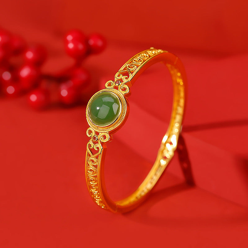 Natural Hetian Jade Auspicious Cloud Filigree Hollow Wealth Bracelet