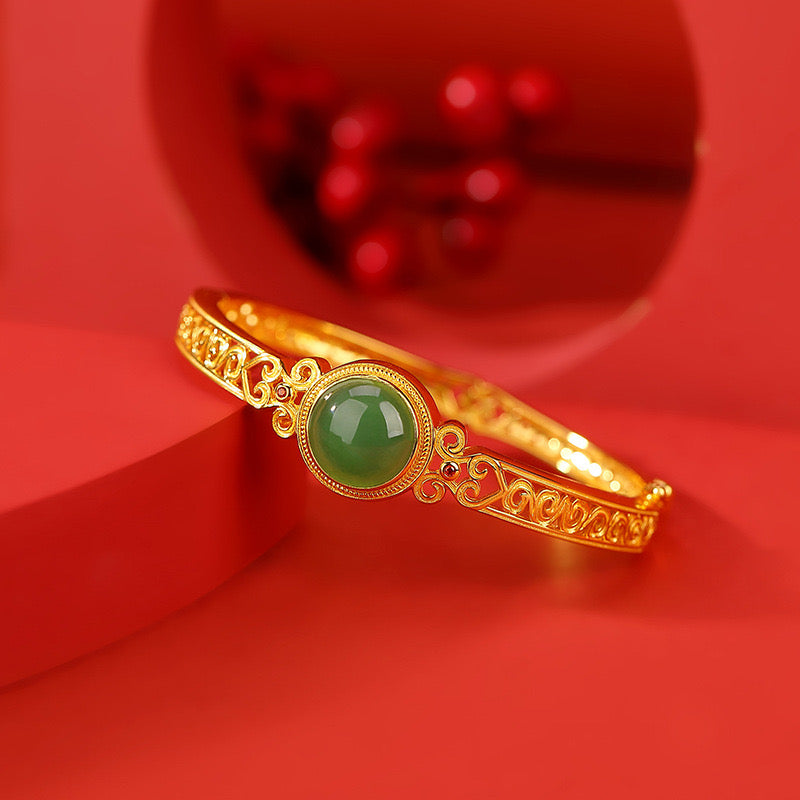 Natural Hetian Jade Auspicious Cloud Filigree Hollow Wealth Bracelet