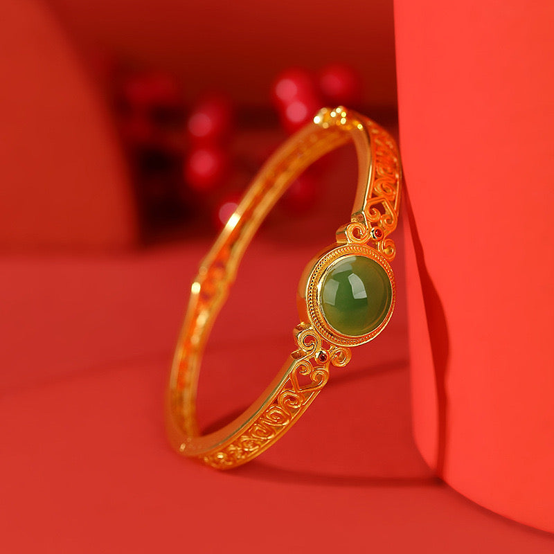 Natural Hetian Jade Auspicious Cloud Filigree Hollow Wealth Bracelet