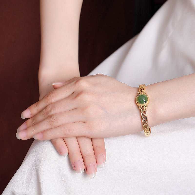 Natural Hetian Jade Auspicious Cloud Filigree Hollow Wealth Bracelet