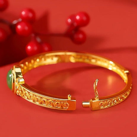 Natural Hetian Jade Auspicious Cloud Filigree Hollow Wealth Bracelet