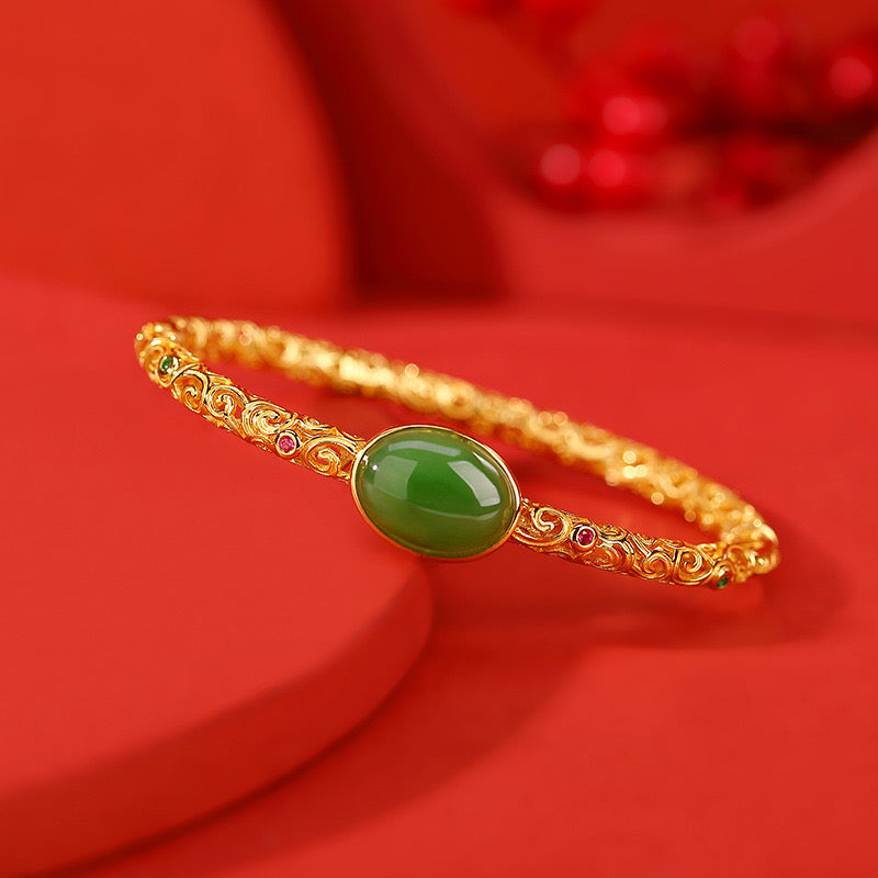Natural Hetian Jade Filigree Hollow Wealth Bangle Bracelet
