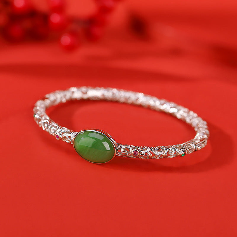 Natural Hetian Jade Filigree Hollow Wealth Bangle Bracelet