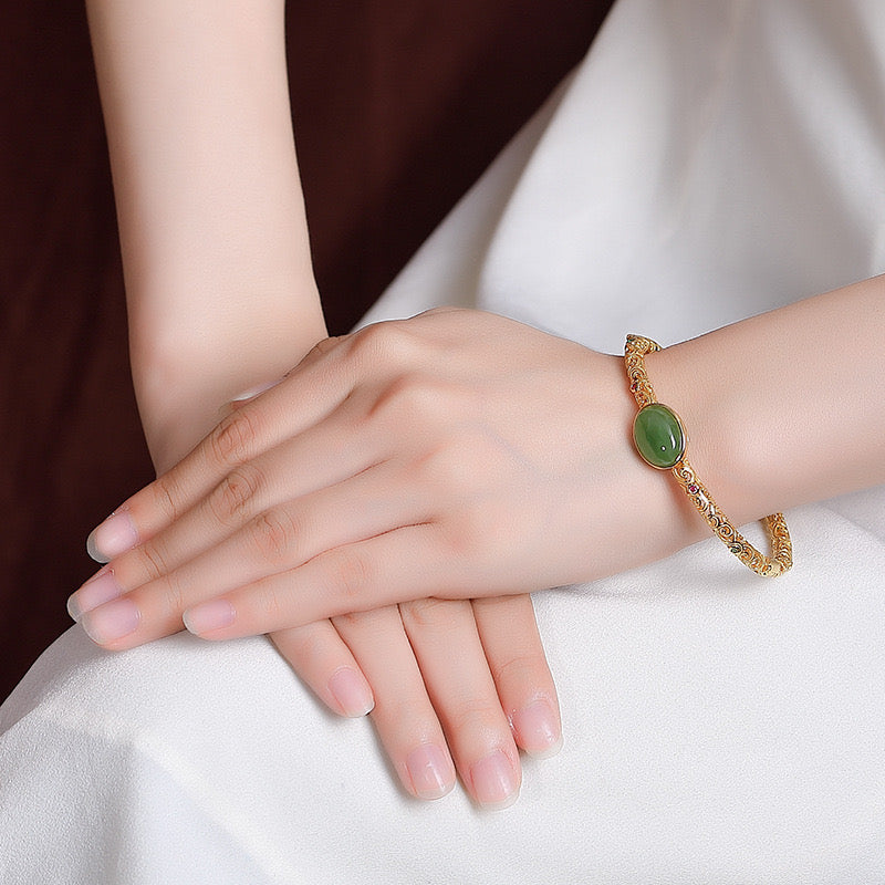 Natural Hetian Jade Filigree Hollow Wealth Bangle Bracelet