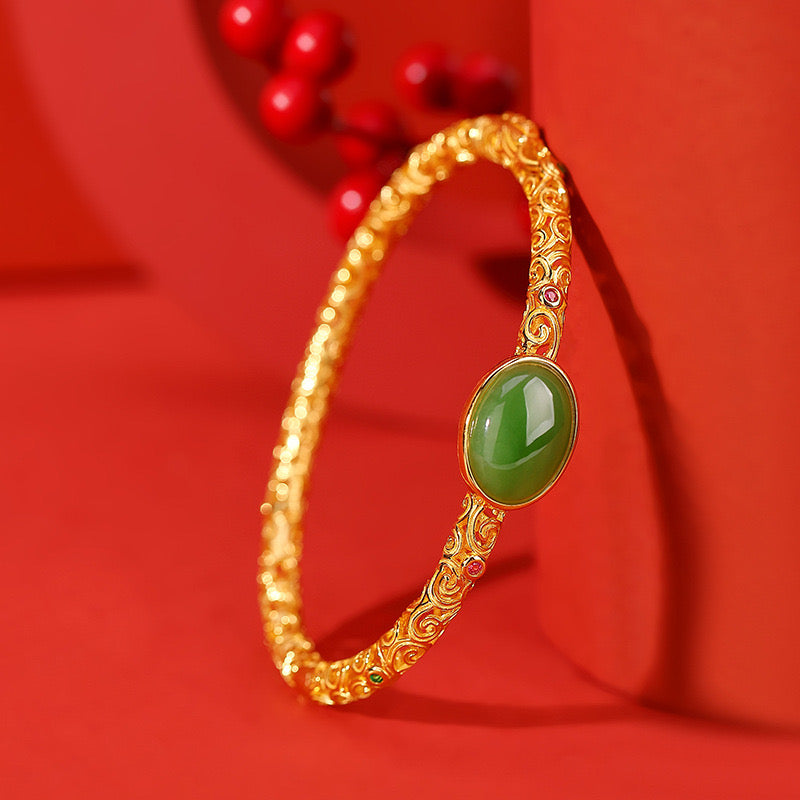 Natural Hetian Jade Filigree Hollow Wealth Bangle Bracelet