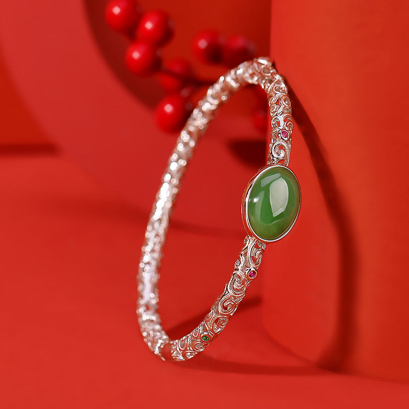 Natural Hetian Jade Filigree Hollow Wealth Bangle Bracelet