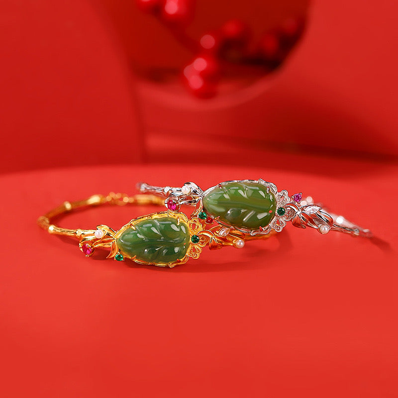 Natural Hetian Jade Feng Shui Leaf Ancient Royal Bangle