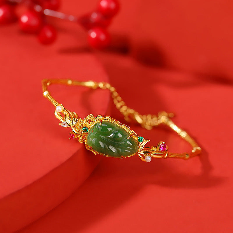 Natural Hetian Jade Feng Shui Leaf Ancient Royal Bangle