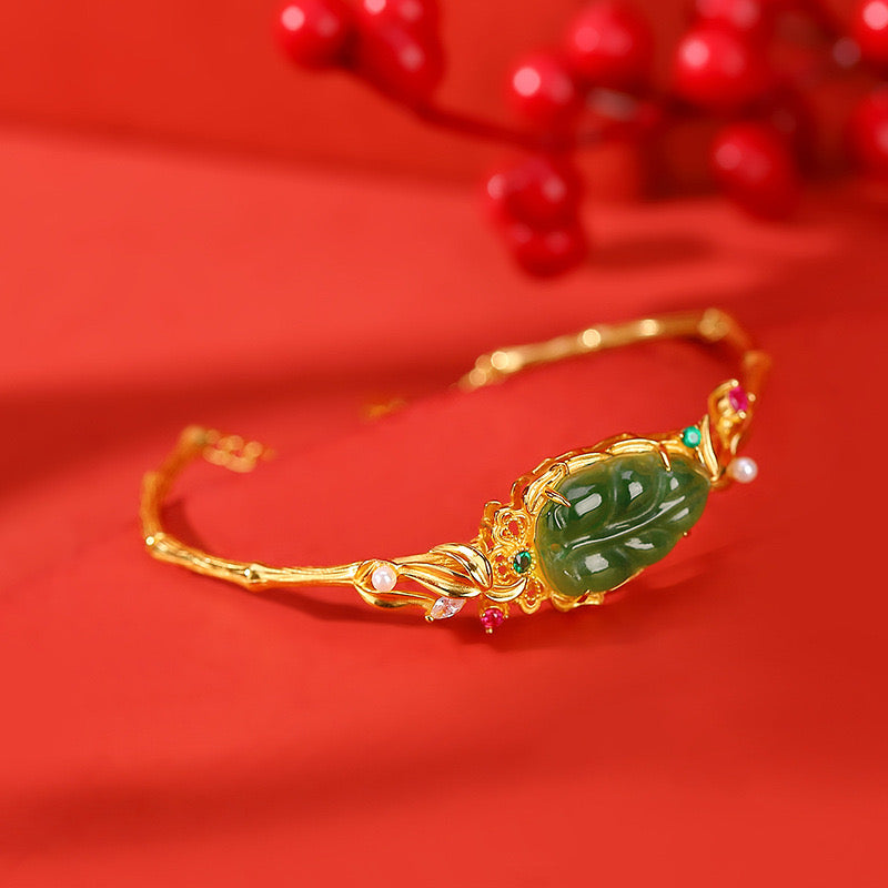 Natural Hetian Jade Feng Shui Leaf Ancient Royal Bangle
