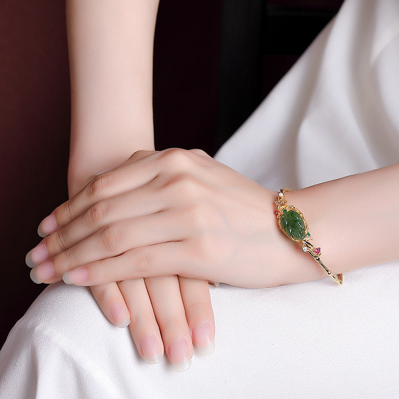 Natural Hetian Jade Feng Shui Leaf Ancient Royal Bangle