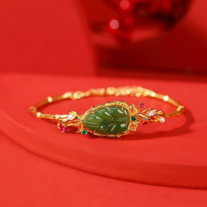 Natural Hetian Jade Feng Shui Leaf Ancient Royal Bangle