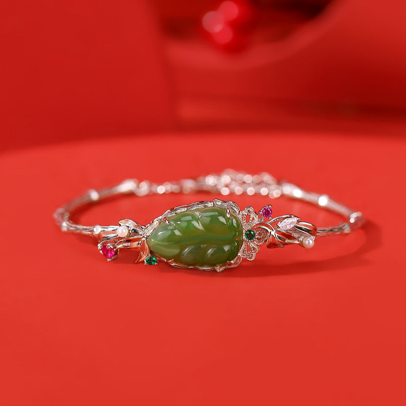 Natural Hetian Jade Feng Shui Leaf Ancient Royal Bangle