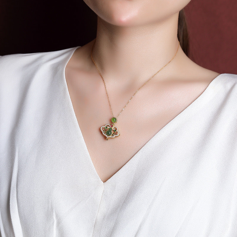 Natural Hetian Jade Calabash Cloud Ancient Royal Pendant Necklace