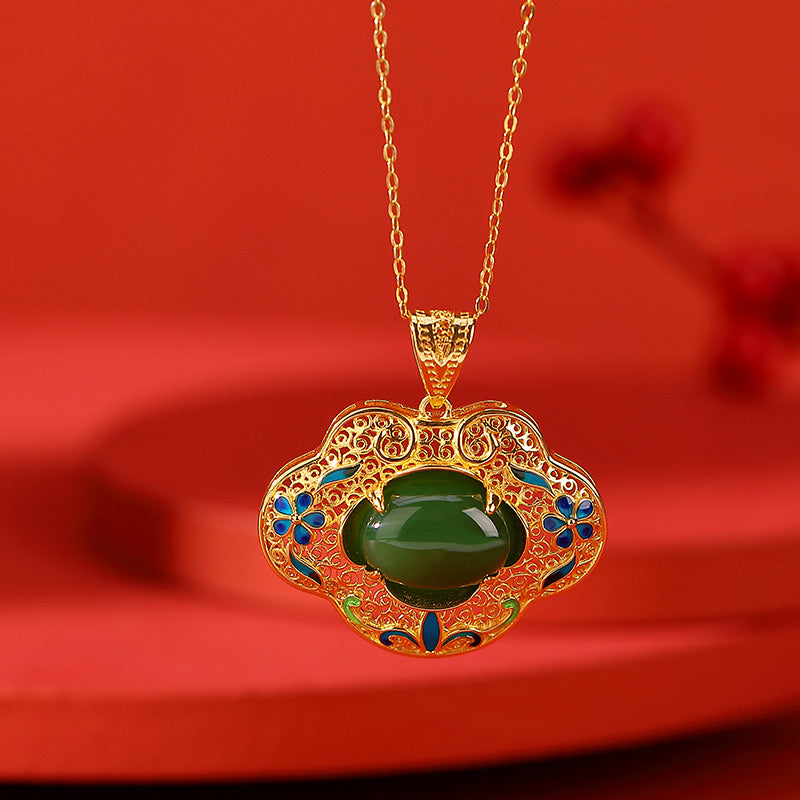 Natural Hetian Jade Enamel Cloud Filigree Hollow Bangle