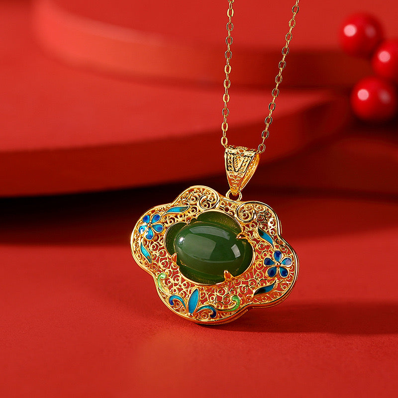 Natural Hetian Jade Enamel Cloud Filigree Hollow Bangle