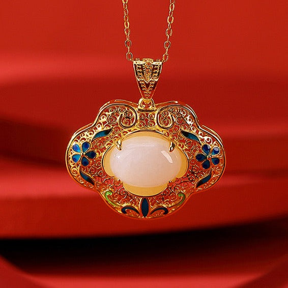 Natural Hetian Jade Enamel Cloud Filigree Hollow Bangle