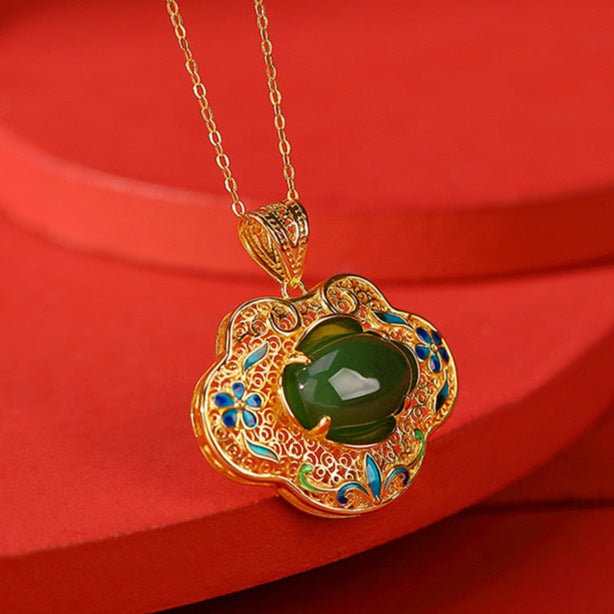 Natural Hetian Jade Enamel Cloud Filigree Hollow Bangle