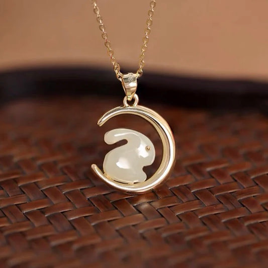Natural Hetian Jade Feng Shui Rabbit & Moon Luck Pendant
