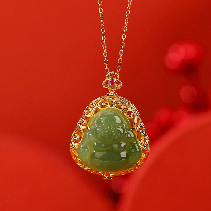 Natural Green Hetian Jade Feng Shui Buddha Sachet Pendant