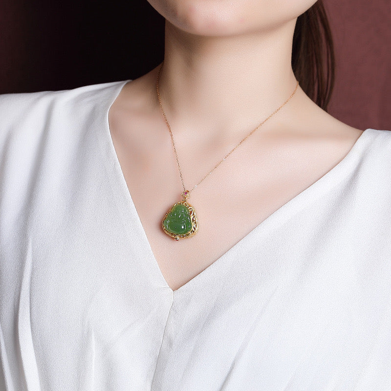 Natural Green Hetian Jade Feng Shui Buddha Sachet Pendant