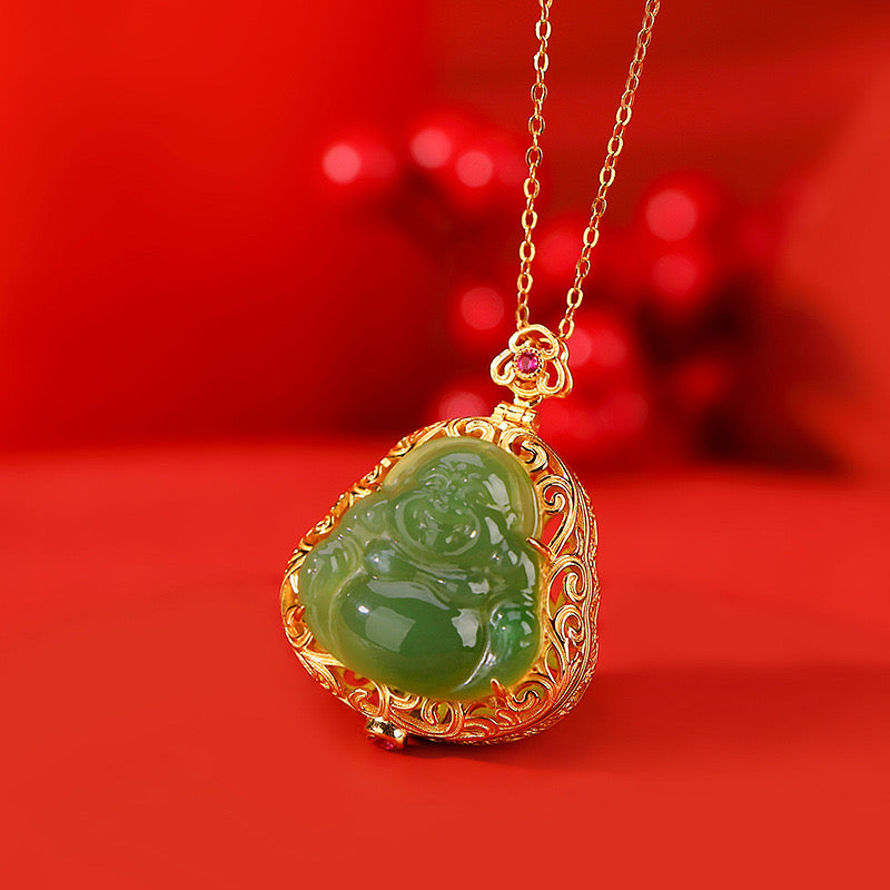 Natural Green Hetian Jade Feng Shui Buddha Sachet Pendant