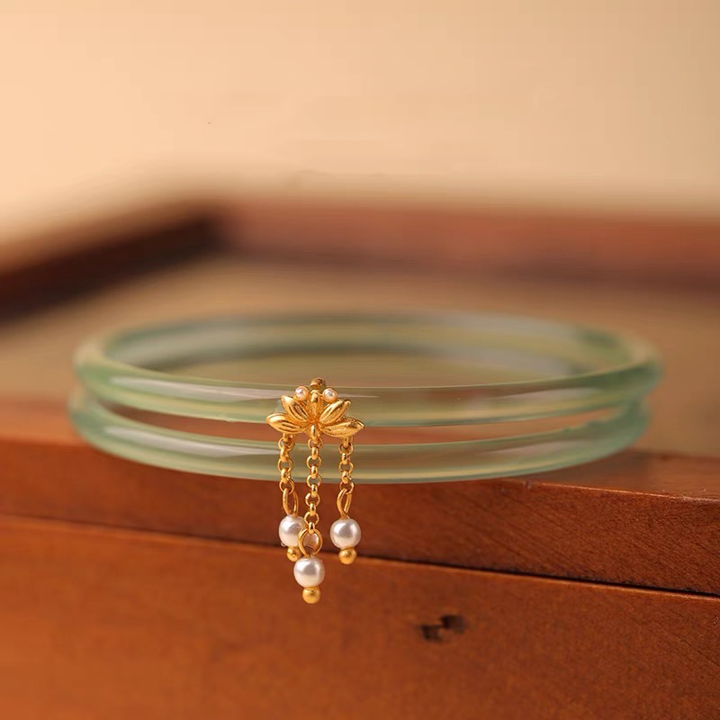 Natural Green Jade Lotus Double Bangle