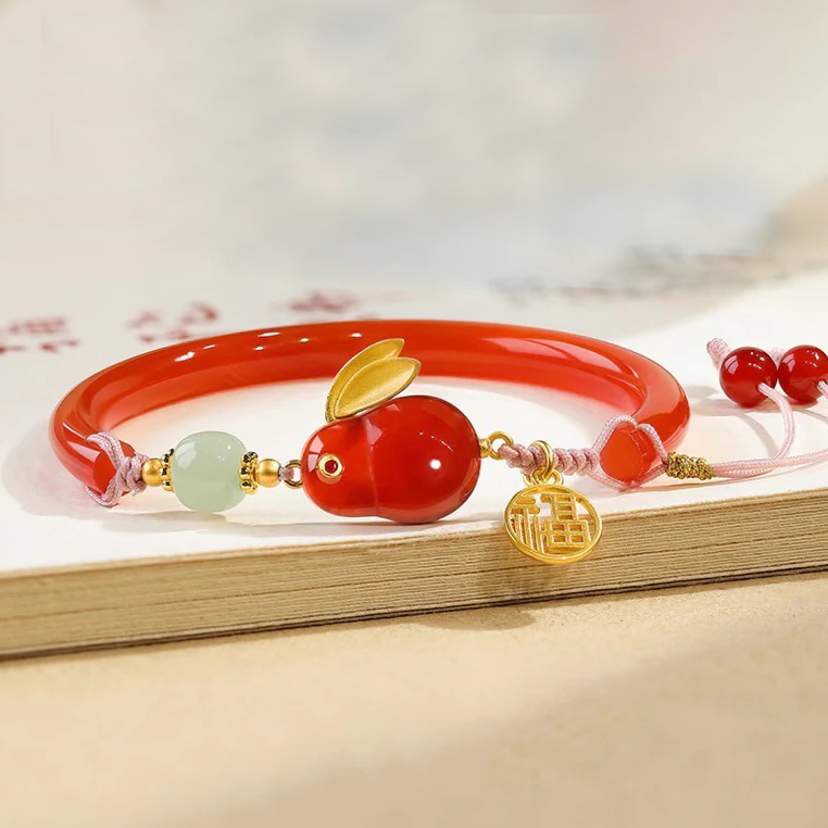 Natural Red Agate & Hetian Jade Feng Shui Rabbit Bangle