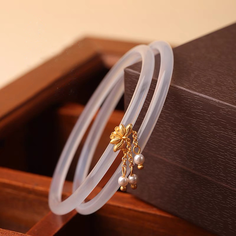 Natural Green Jade Lotus Double Bangle
