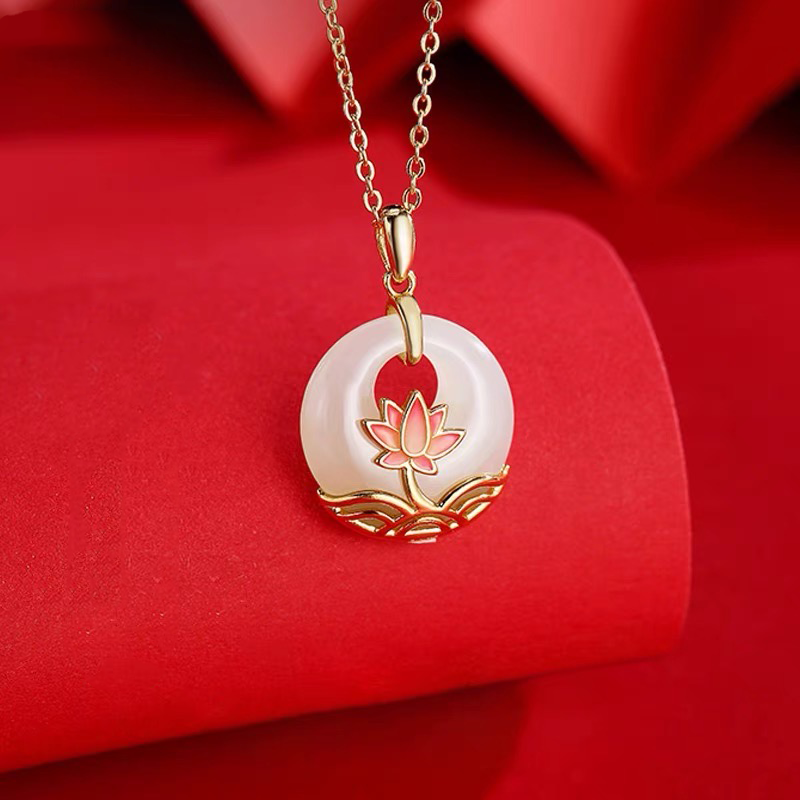 Natural Hetian Jade Longevity Lock Lotus Necklace